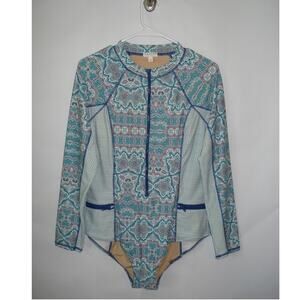 Cabana Life One Piece Long Sleeve Zip Front Swimsuit White and Blue Size Large